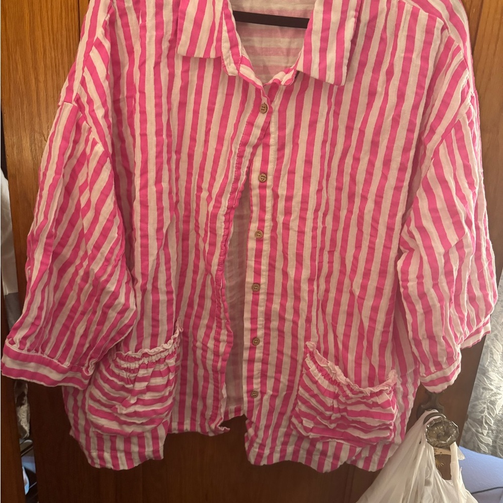 Women's Pink and White Striped Button-Down Shirt
